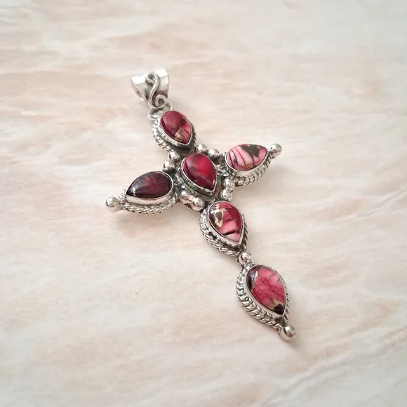 Artisan Handmade Red Rose Dahlia Turquoise 925 Sterling Silver Cross Pendant - Picture 2 of 5